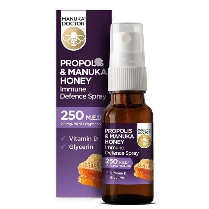 Xịt họng keo ong 250 M.E.D. với vitamin D và mật ong Manuka UK 20ml
