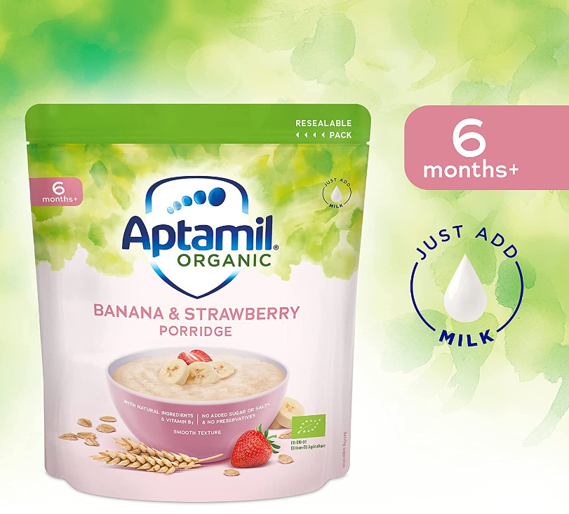 Bột ăn dặm Aptamil organic vị chuối dâu Banana & Strawberry Porridge 6+ Months, 180g